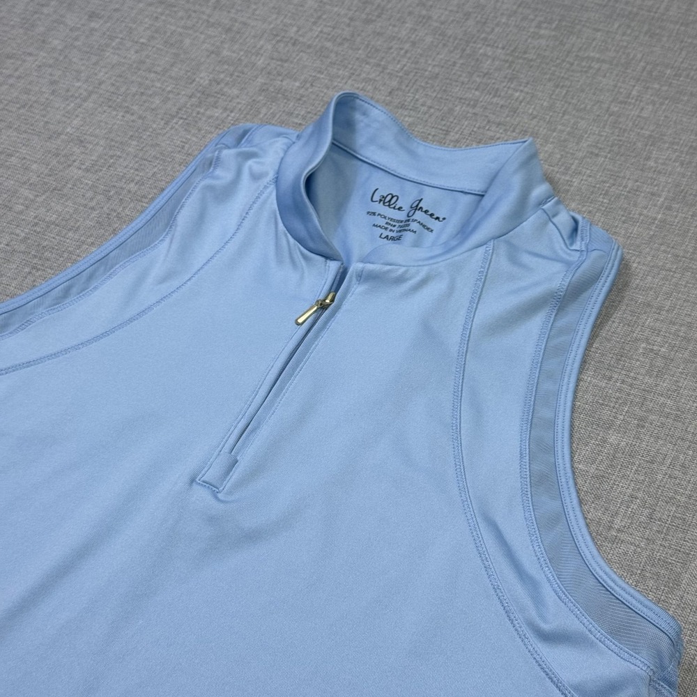 Lillie Green Sleeveless 1/4 Zip Polo Womens Large Blue Jersey Activewear Stretch